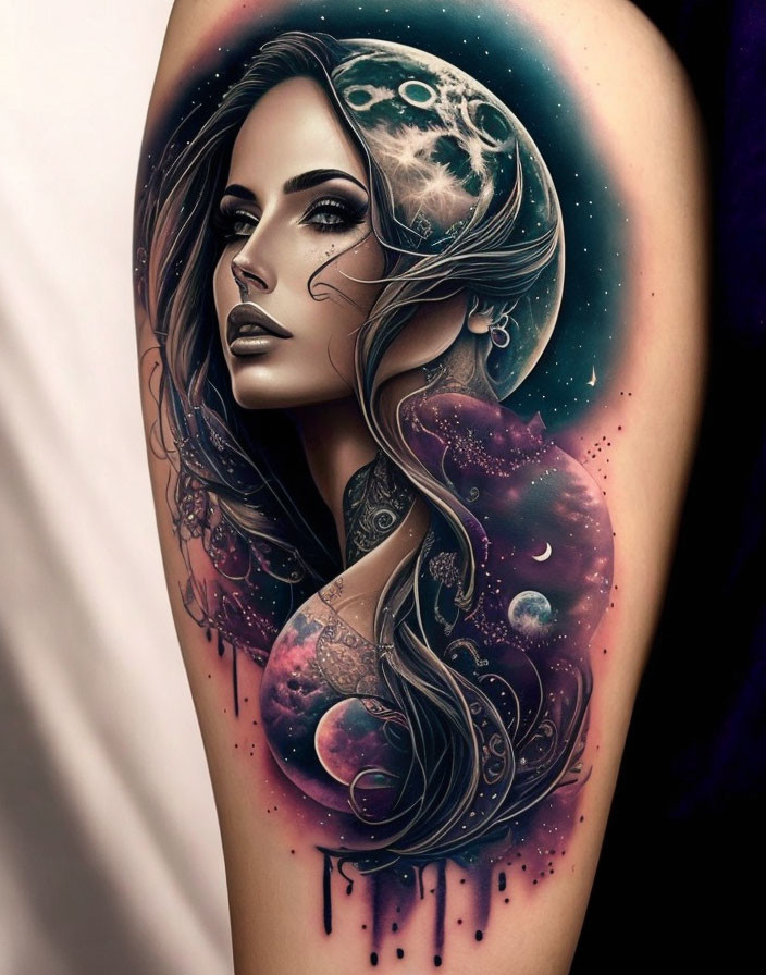 Detailed leg tattoo of woman merging with cosmic scene