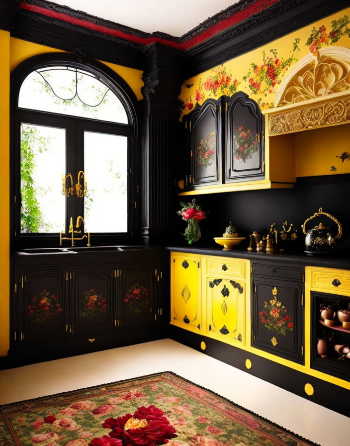 Baroque-style room with black furniture, floral and gold accents, yellow walls, ornate rug,