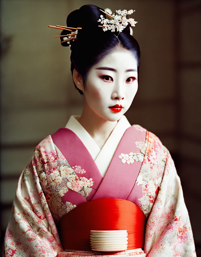 Traditional Geisha Makeup and Attire with Shimada Bun Hairstyle