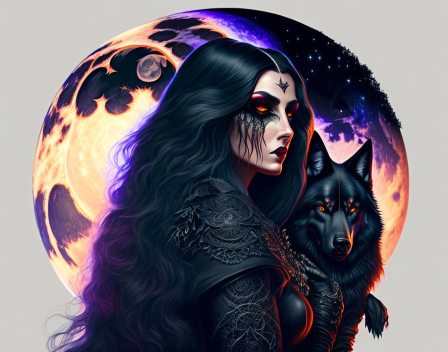 Fantasy-themed illustration of woman and black wolf under moonlit sky