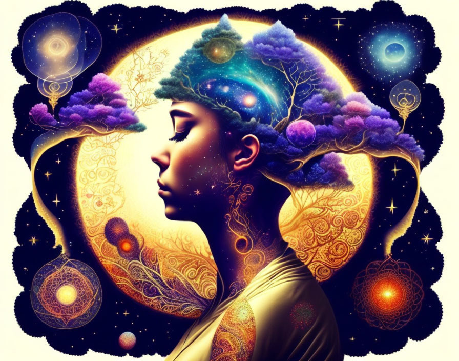 Digital artwork: Woman's profile blending with cosmic and nature elements