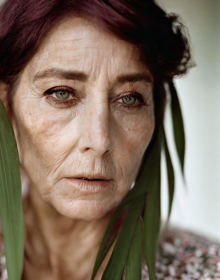 Portrait of older woman with expressive eyes and green leaves background