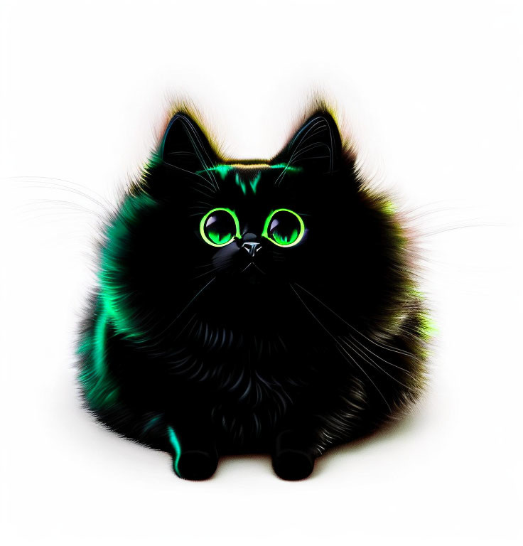 Fluffy black cat with green eyes and neon highlights on white background