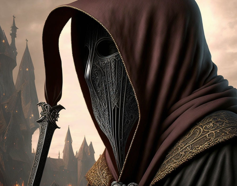 Mysterious cloaked figure with ornate mask and staff in front of gothic spire structures at