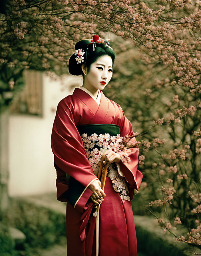 Traditional red kimono with white floral accents and hair ornaments among blooming pink flowers