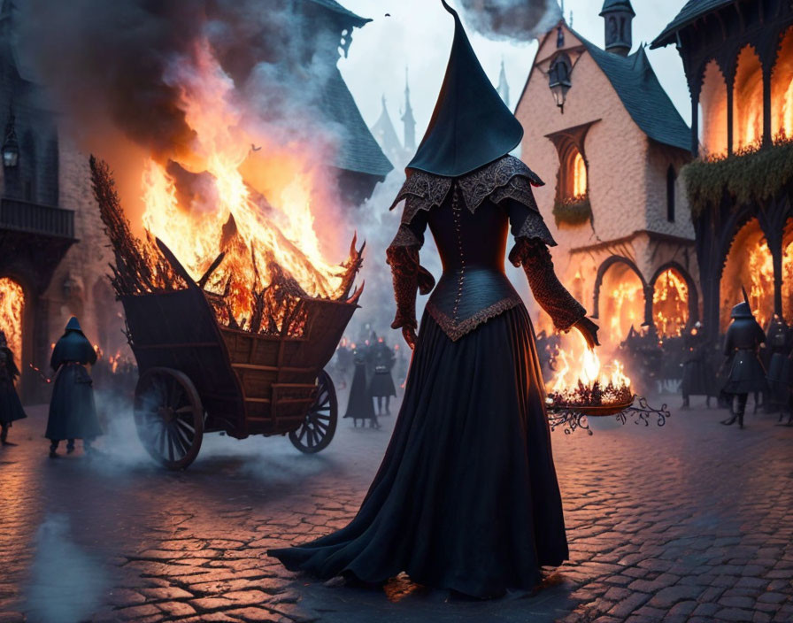 Medieval witch in pointed hat with flaming basin in chaotic street