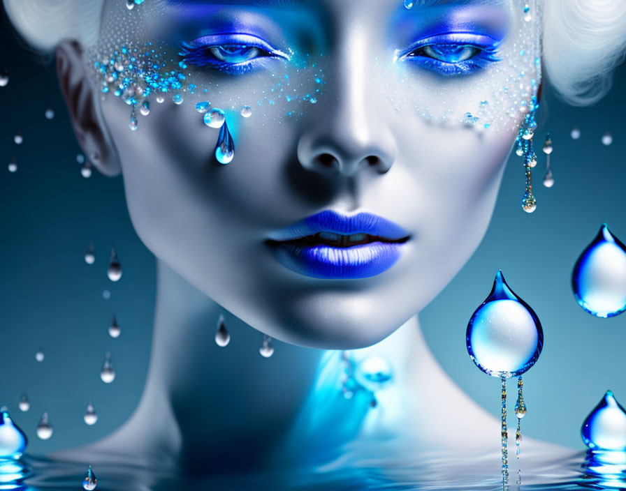 Portrait of Woman with Blue Skin, Glitter Makeup, and Crystal Teardrops