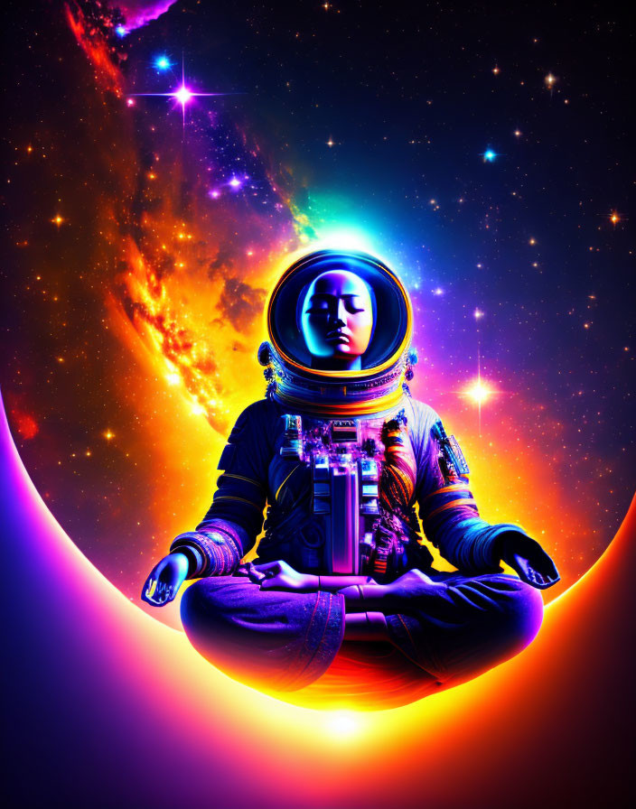 Astronaut in meditative pose surrounded by cosmic backdrop