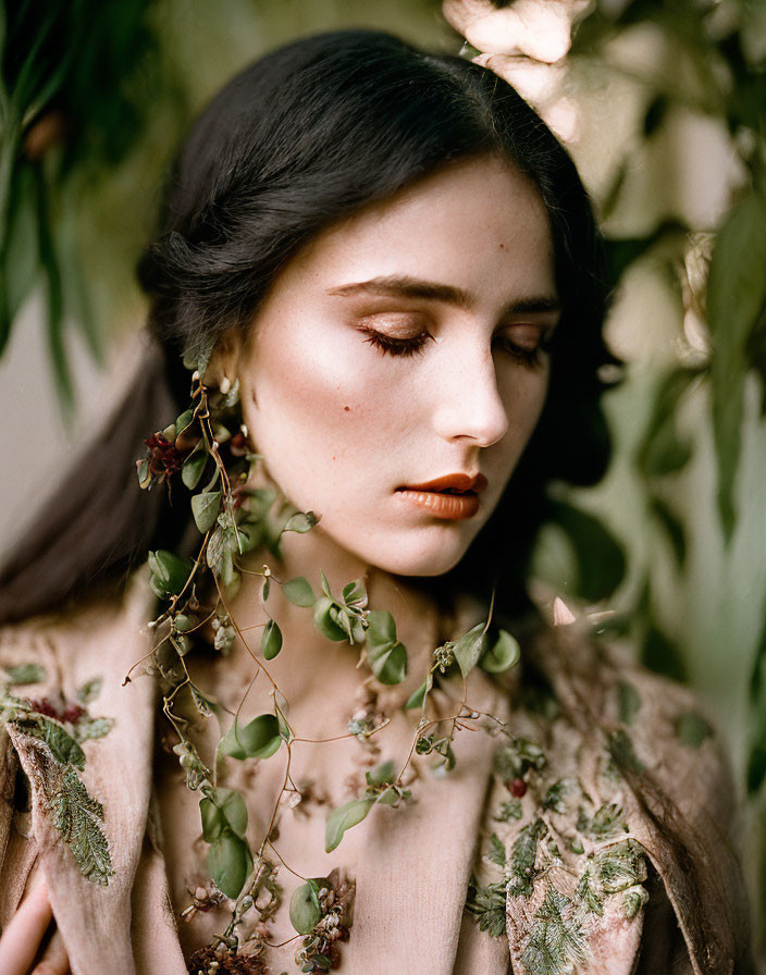 Dark-haired woman with reflective expression and greenery-adorned nature outfit.