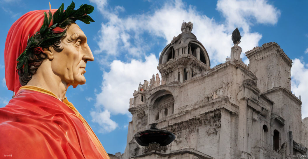 Classical statue in red toga and laurel wreath near historic building under blue sky