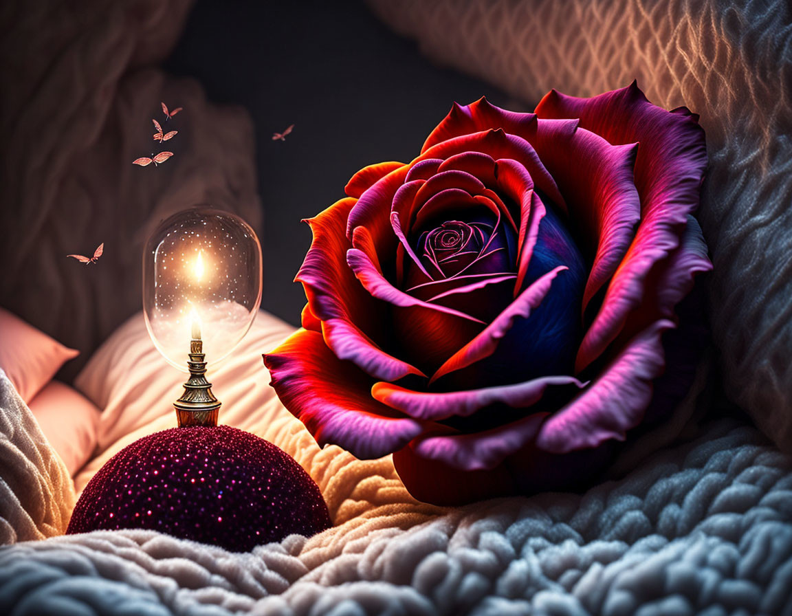 Colorful Rose with Lamp, Butterflies, and Red Sphere in Cozy Setting