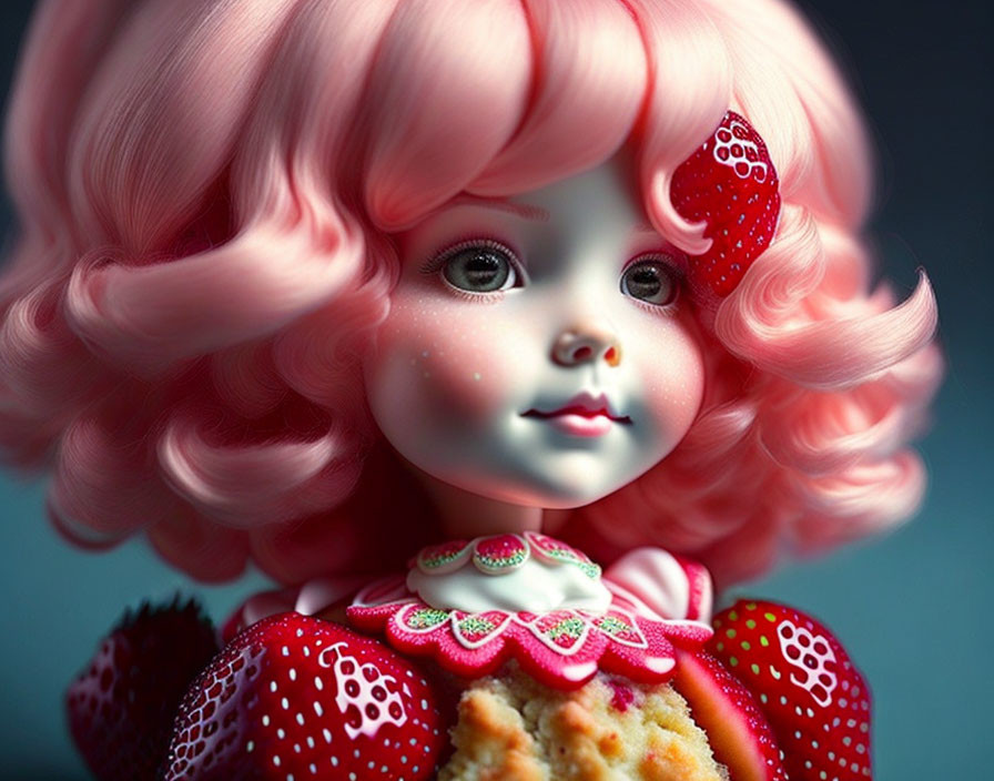 Digital Artwork: Doll with Big Eyes and Pink Curly Hair