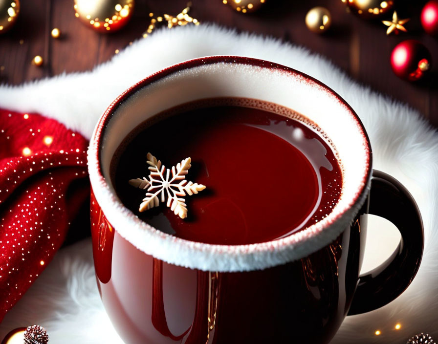 Red Mug with Snowflake Among Holiday Decorations