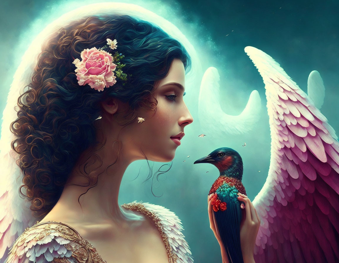 Fantasy illustration of woman with angel wings and bird in whimsical setting