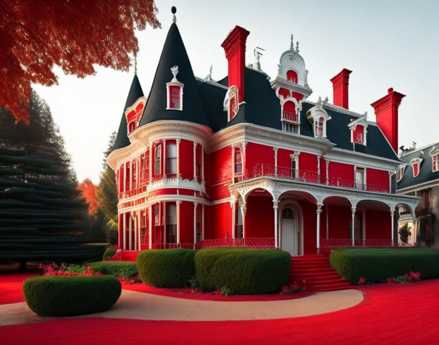 Victorian-style mansion with red and white facade in lush garden landscape