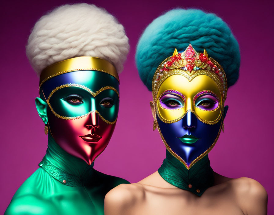 Vibrant Body Paint Models with Elaborate Headpieces on Purple Background