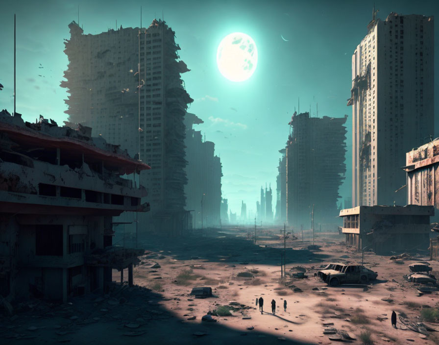 Desolate post-apocalyptic cityscape with survivors, debris, and moon