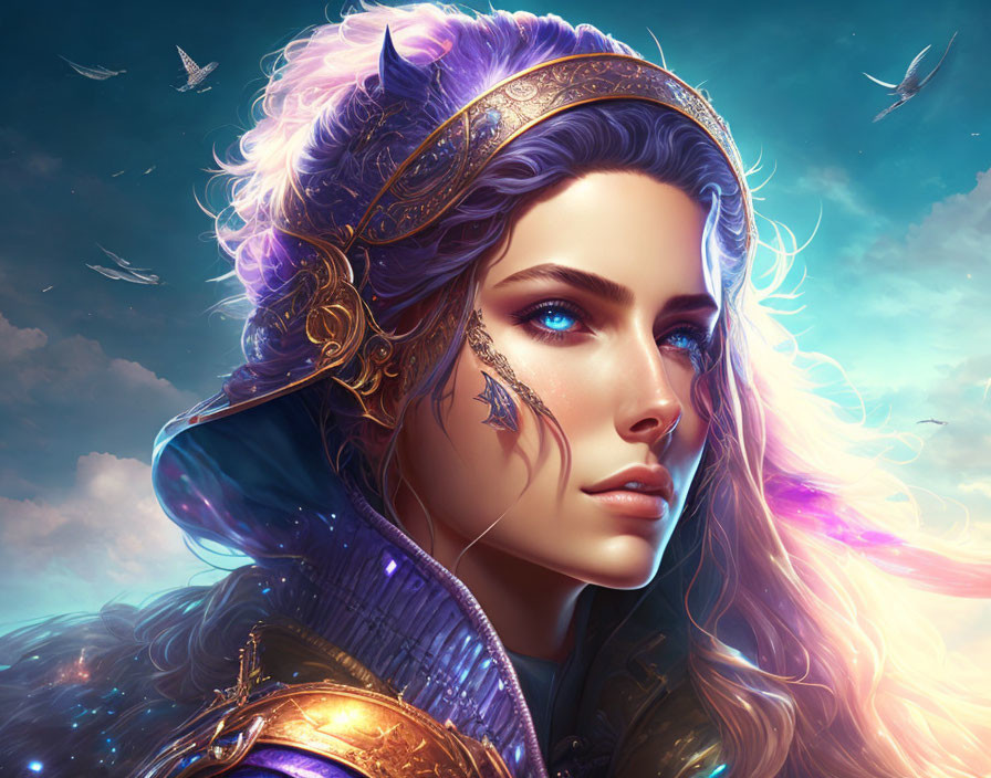 Woman in Gold and Purple Armor with Blue Eyes in Surreal Setting