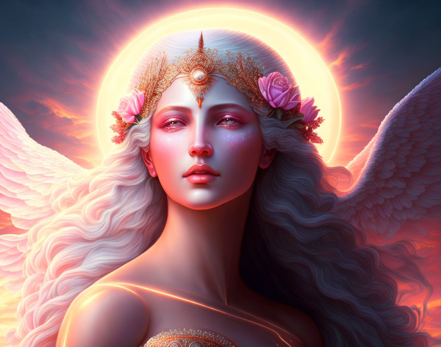 Angel with wavy hair, golden halo, and wings in serene pose.