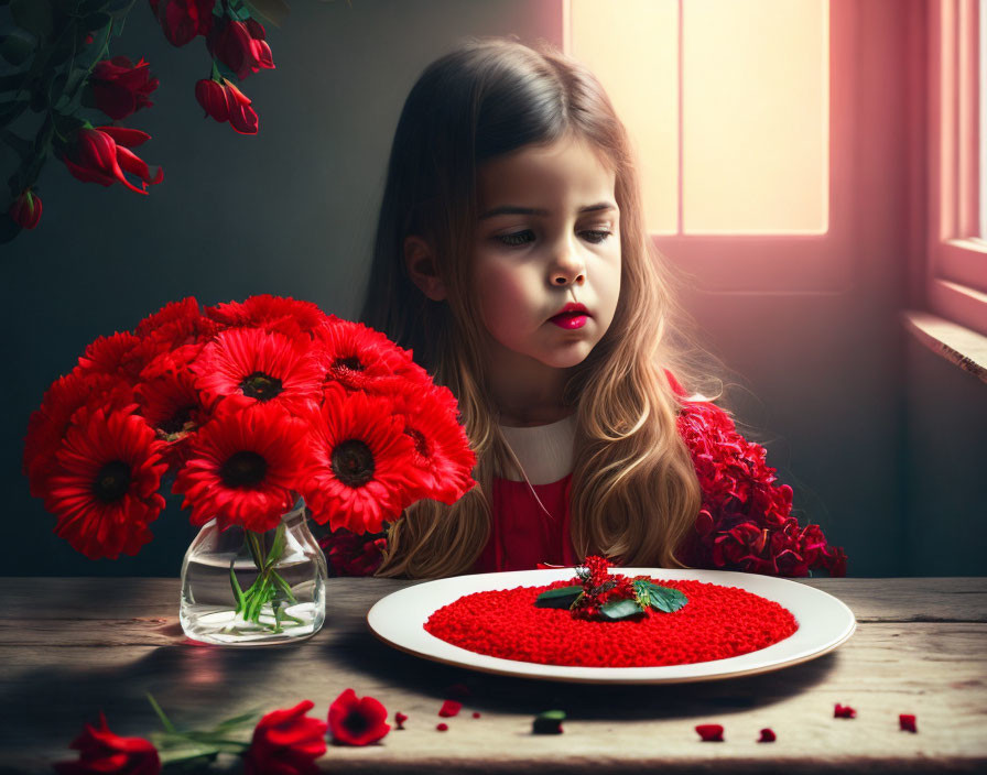 Young girl in red outfit surrounded by vibrant flowers and decorative piece by window.