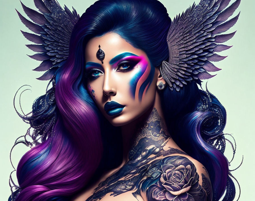 Woman with Blue and Purple Makeup, Teardrop Jewel, Bird-like Wings, and Tattoos