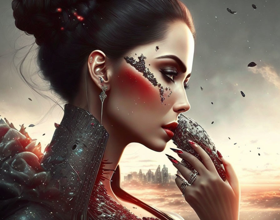 Digital Artwork: Woman with Dark Hair and Red/Black Crystalline Texture in Surreal