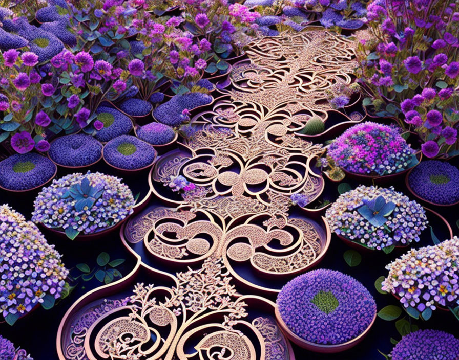 Bronze floral pattern in surreal garden with purple and blue flowers