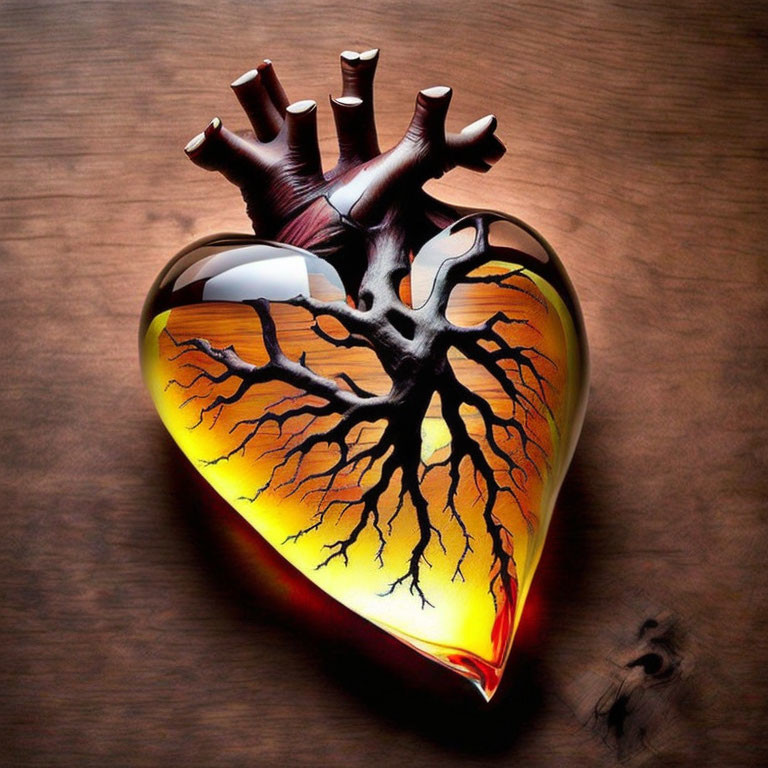 Heart with tree branches and roots on wooden surface with glowing light