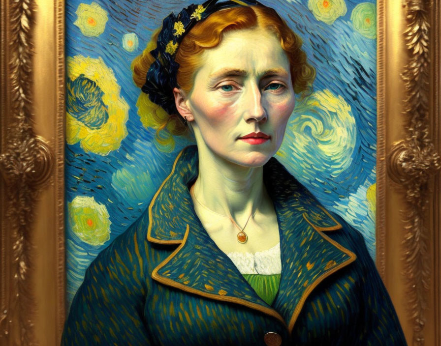 Starry Night style portrait of woman with stern expression