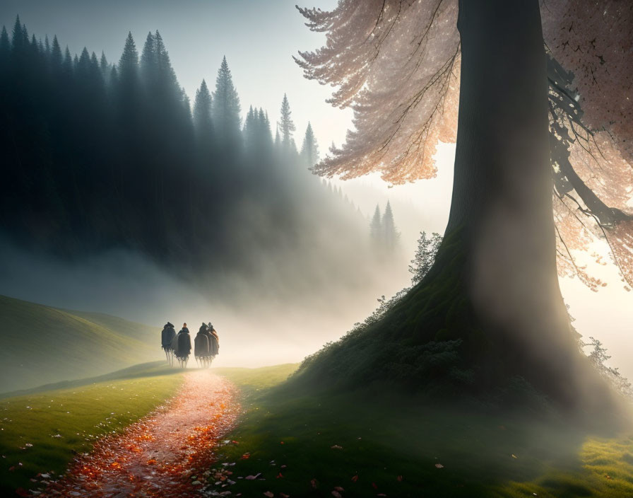 Group of People Walking in Mystical Autumn Forest with Massive Trees, Fog, and Warm Glowing Light