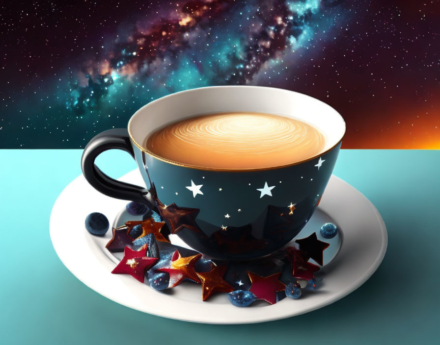 Cosmic-themed coffee cup with star patterns on a saucer with blueberries and candies, set against