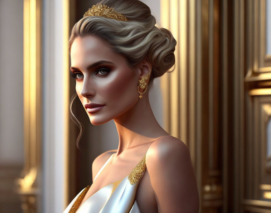 Sophisticated woman portrait with elegant hairstyle and golden accessories