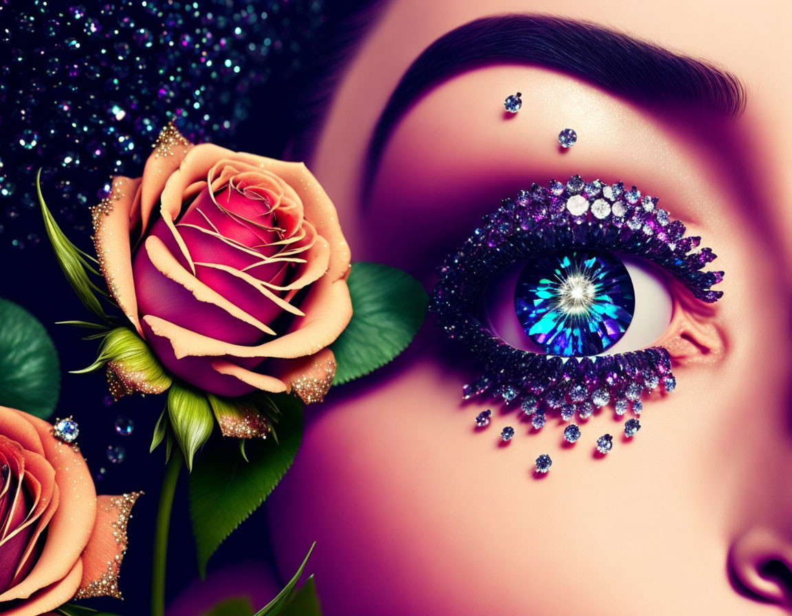 Close-up of person's face with decorated eye, purple jewels, glitter, vibrant rose on cheek against