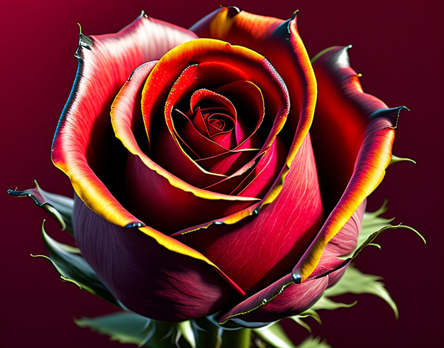 Vibrant red and yellow rose close-up on dark pink background