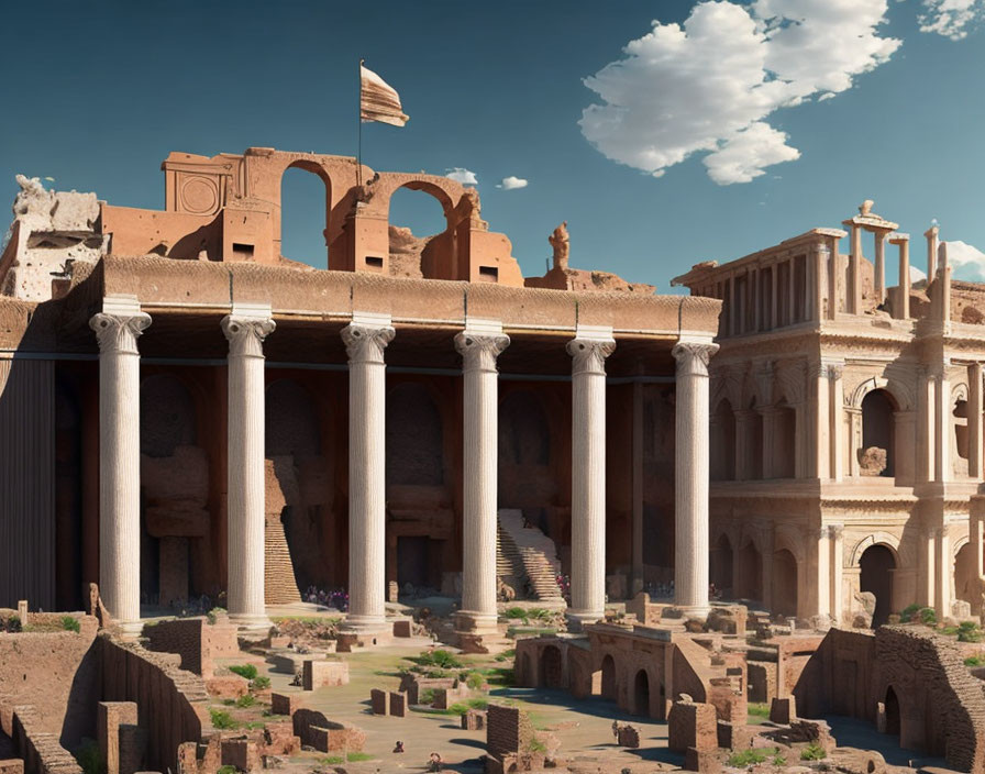 Ancient Roman ruins with towering columns and arches under clear blue sky