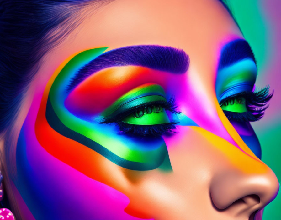 Vibrant rainbow face paint with green eye and dramatic eyelashes