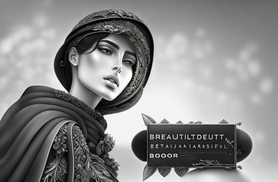 Monochrome digital artwork of woman in ornate head covering and cloak