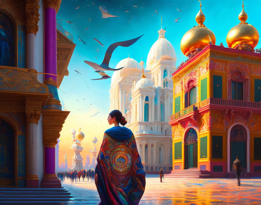 Vibrant shawl-clad woman gazes at ornate city with golden domes