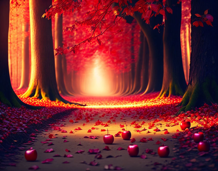 Enchanted forest pathway with red leaves, apples, and warm light.