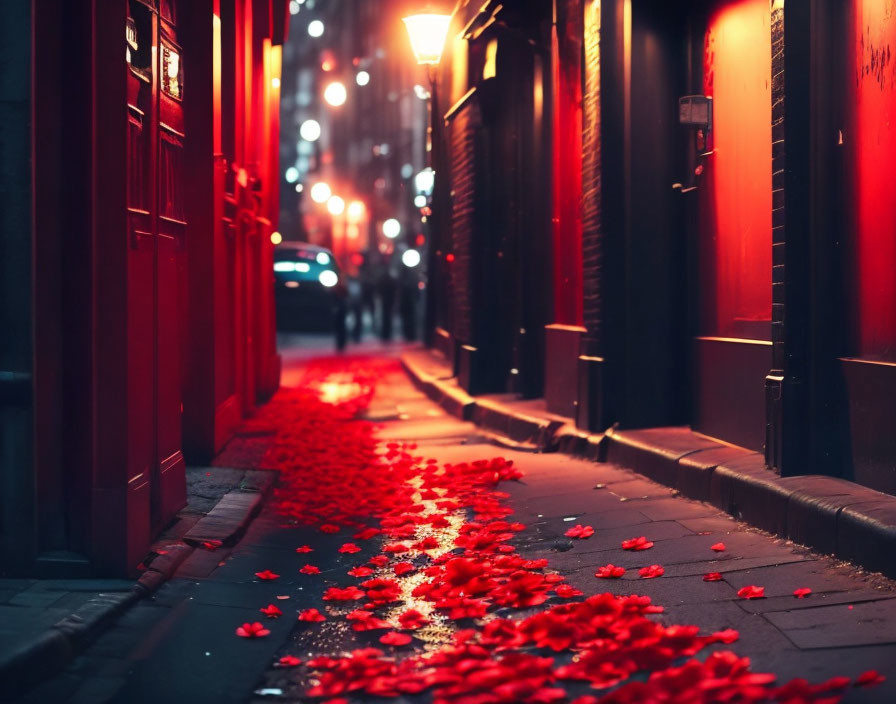 Urban alley at night with red petals, ambient street lighting, and red walls