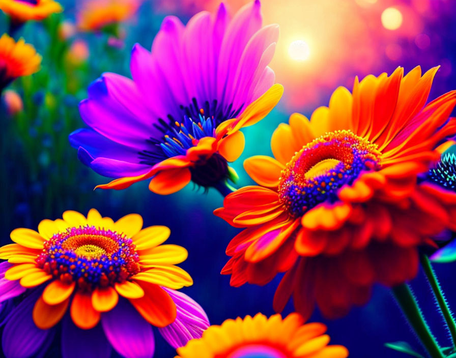 Colorful Gerbera Flowers Close-Up in Warm Sunlight