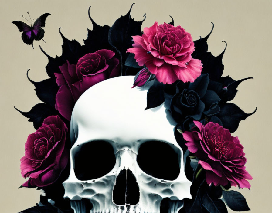 Human skull with dark and pink roses, butterfly, and Gothic themes