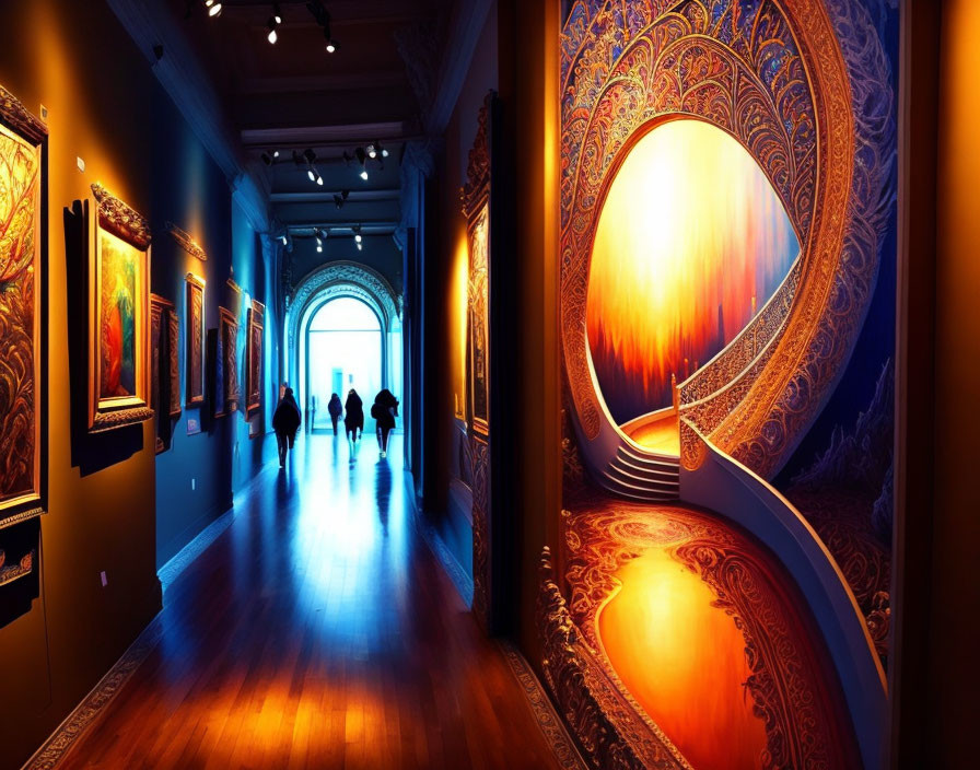 Art Gallery with Silhouetted People, Vibrant Paintings, and Ornate Circular Installation