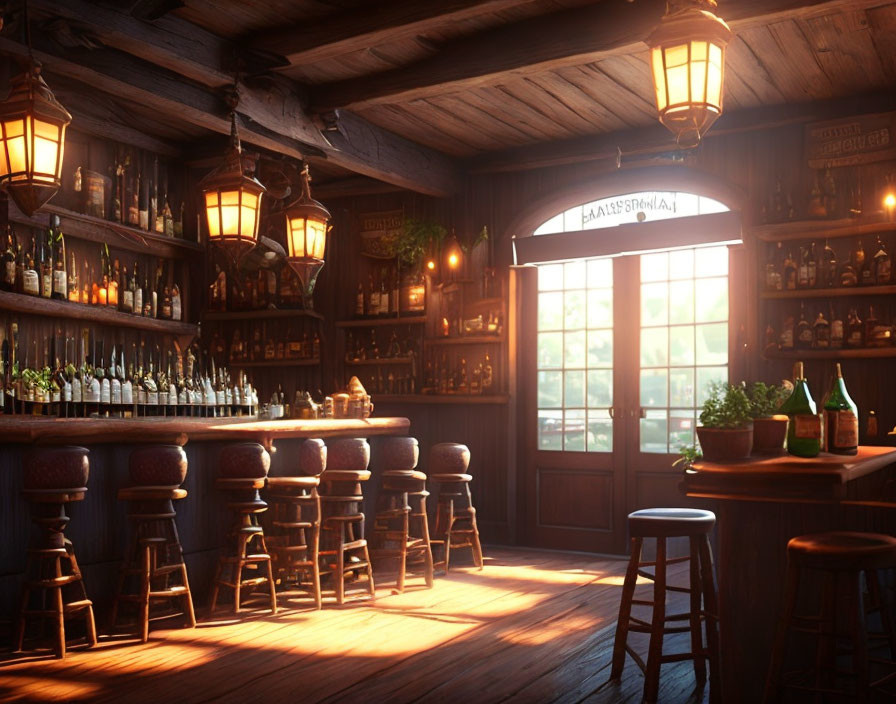 Warmly Lit Tavern Interior with Wooden Bar Stools and Hanging Lanterns
