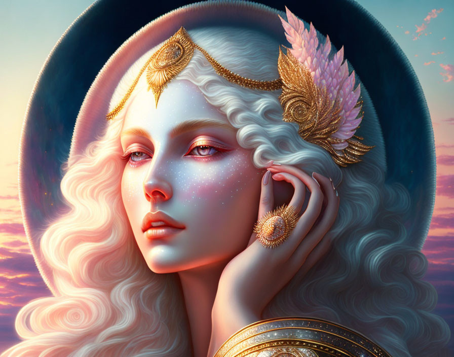 Fantasy portrait of woman with pale skin and celestial motifs