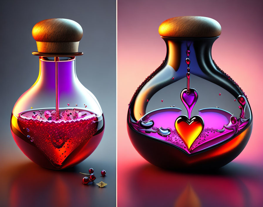 Stylized digital images of heart-themed potion bottles with vibrant red liquid