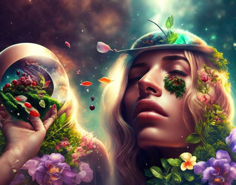 Woman with flower-adorned hair holding miniature world sphere amidst cosmic backdrop