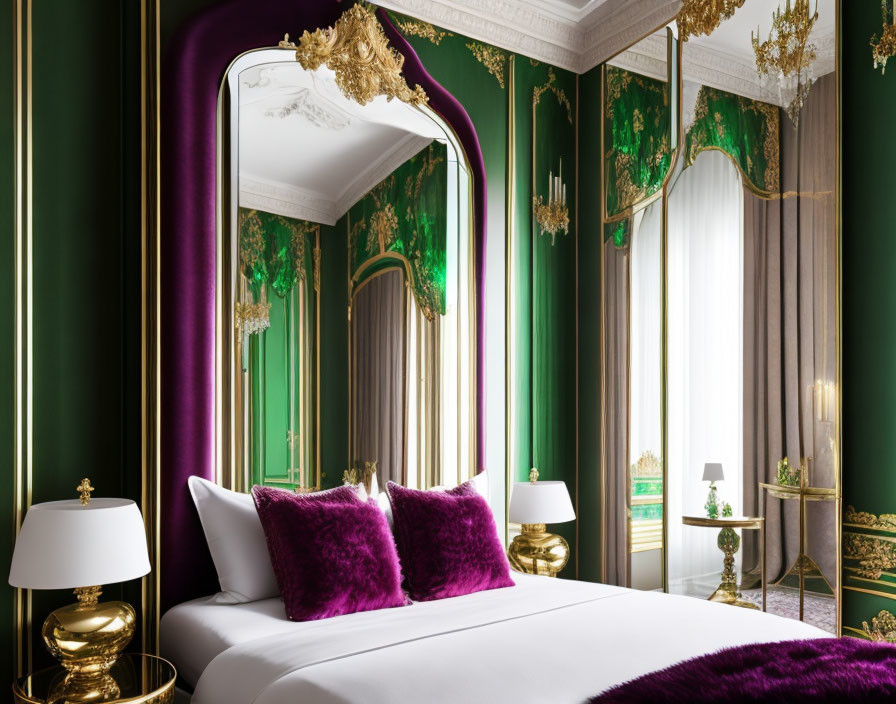 Luxurious Bedroom Decor with White, Purple, Gold, and Green Elements