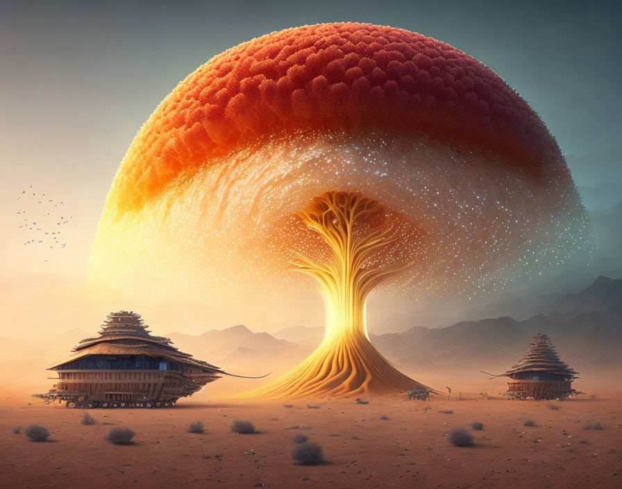 Surreal desert landscape with giant illuminated tree and Asian-style buildings