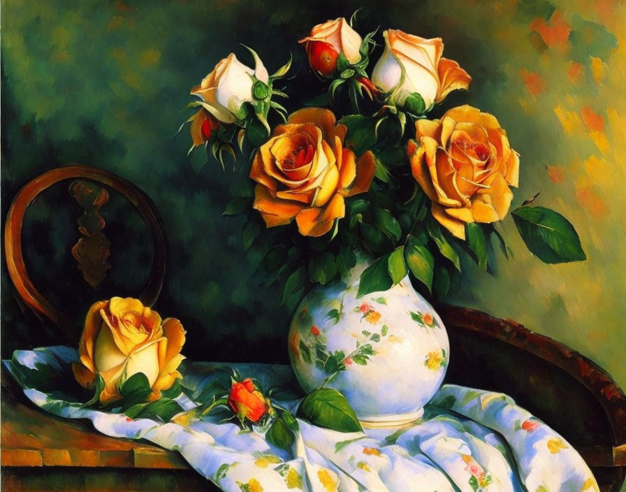 Colorful floral painting: white and orange roses in ornate vase on cloth with mirror edge